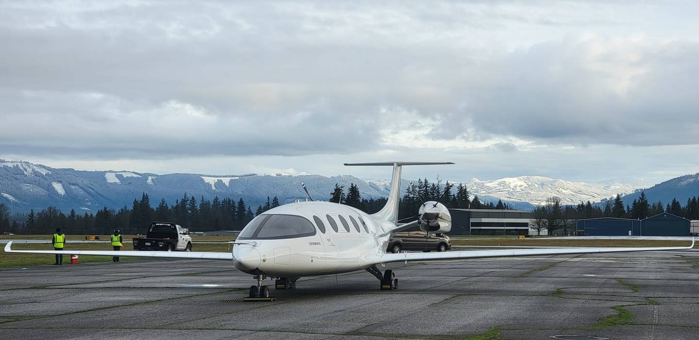 Eviation's Alice test demonstrator parked at Arlington Municipal Airport