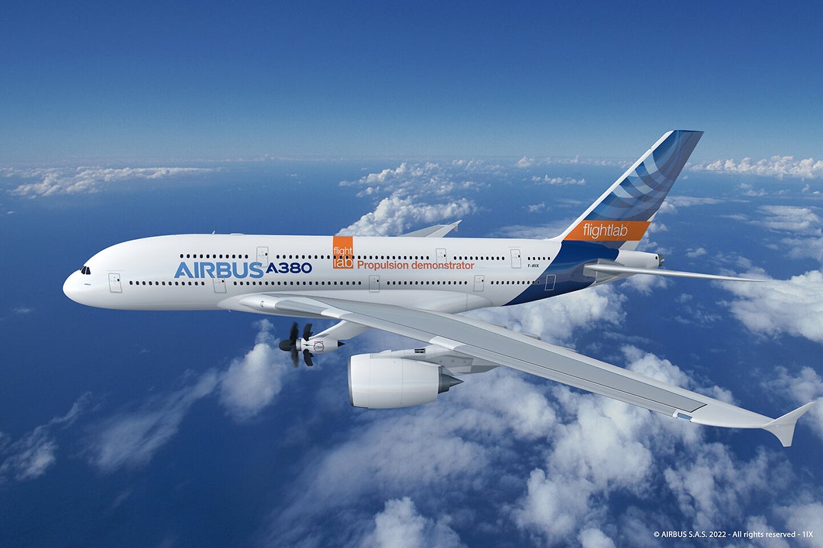 Artist rendering of Airbus A380 with open fan test engine