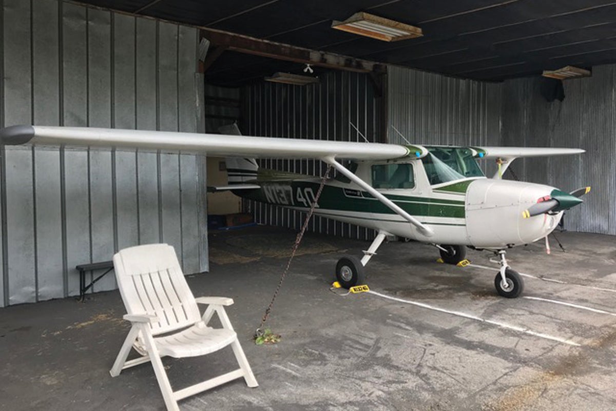 Airplane stored in a Camillus Airport hangar