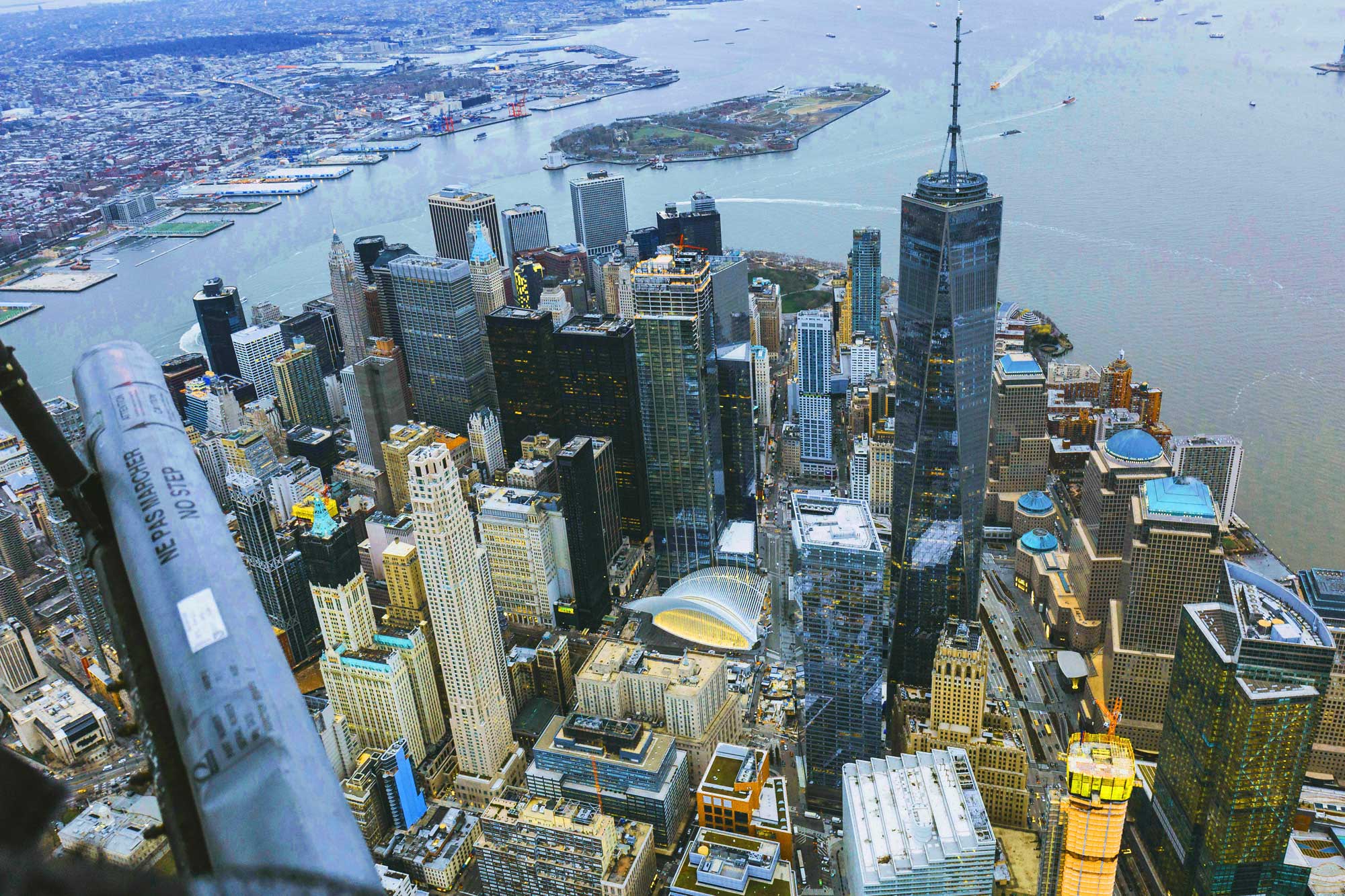 Flying in a helicopter over New York.