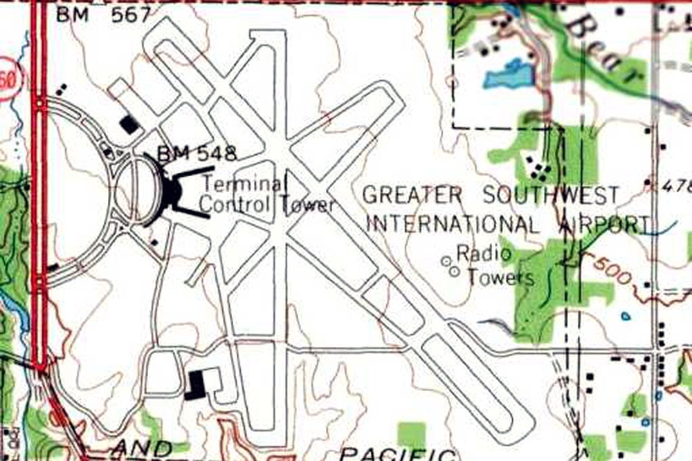 Topographical map of Greater Southwest International Airport