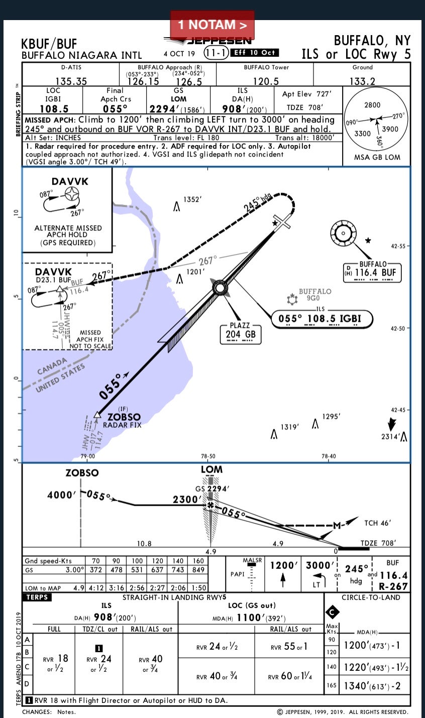 Dick Karl's NOTAM for his flight to Buffalo.