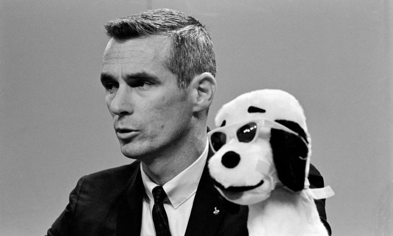NASA astronaut Eugene A. Cernan, lunar module pilot of the Apollo 10 prime crew, is seen at a press conference held on April 26, 1969, at the Manned Spacecraft Center (now NASA’s Johnson Space Center) in Houston.