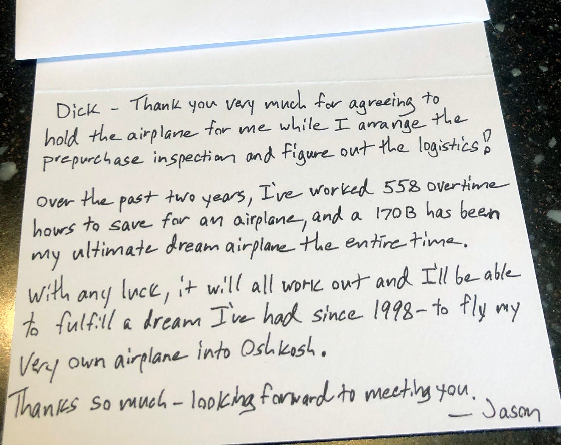 My thank-you note to the seller. Beneath my barely legible chicken scratch was heartfelt appreciation, thanking him for agreeing to hold the airplane for me.