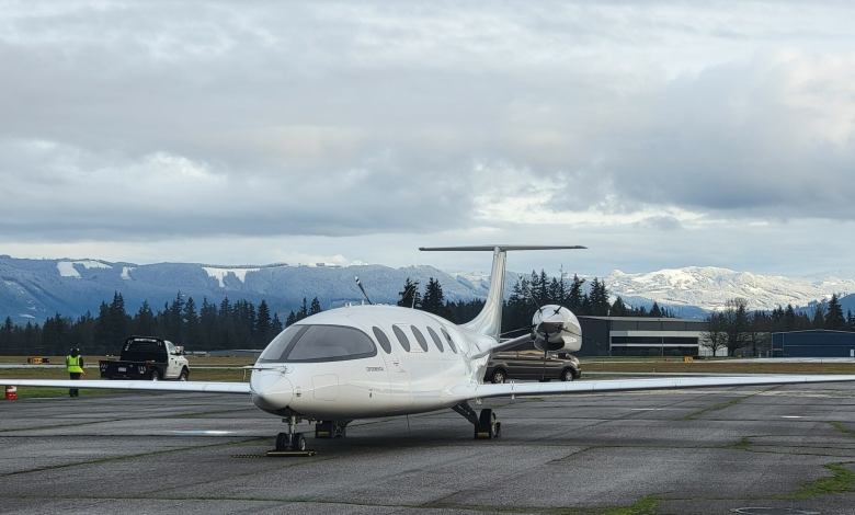 Eviation's Alice test demonstrator parked at Arlington Municipal Airport