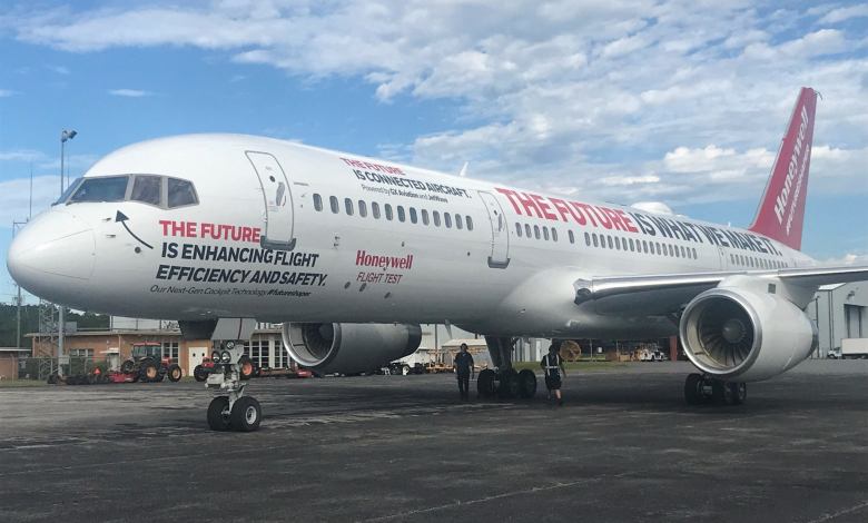Honeywell Aerospace's Boeing 757-200 testbed parked at an airport