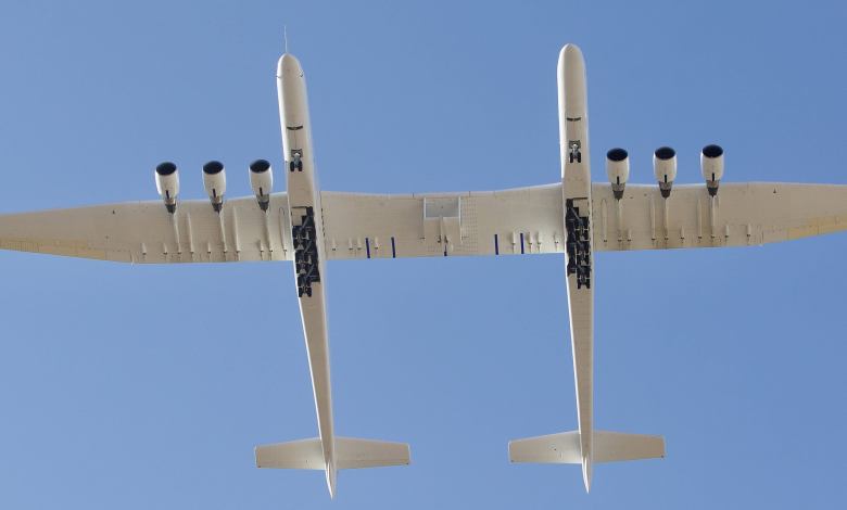 Stratolaunch Roc the world's largest airplane flies overhead