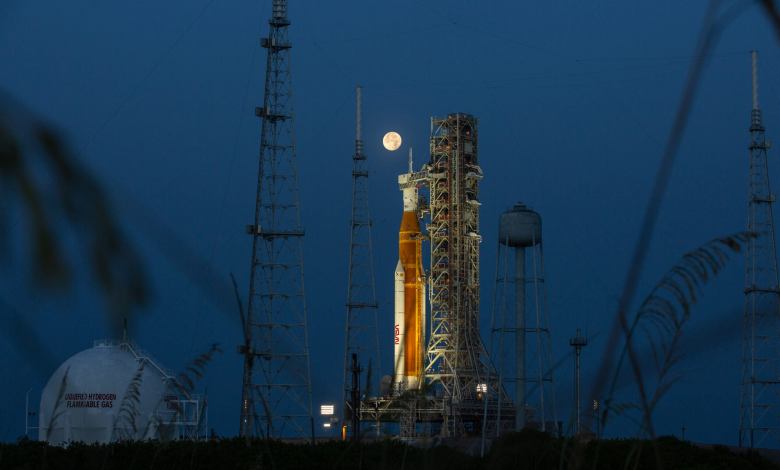 SLS at Launch Site 39B during a full moon. [Photo: NASA]