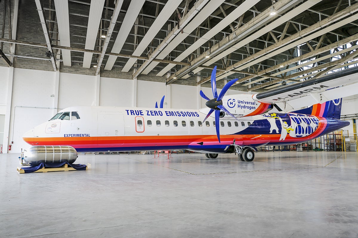 Universal Hydrogen's modified ATR 72 in its hangar in Toulouse, France