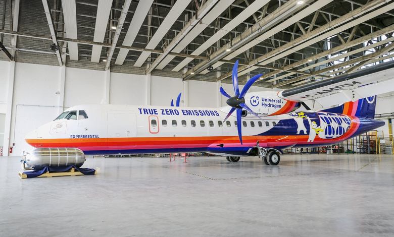 Universal Hydrogen's modified ATR 72 in its hangar in Toulouse, France
