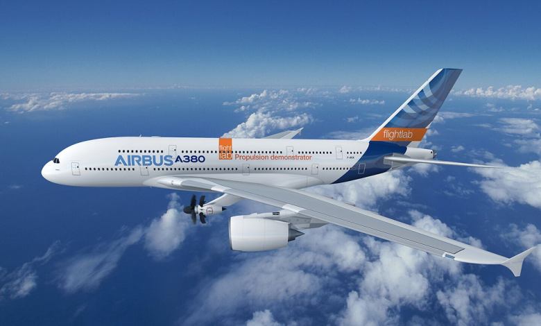 Artist rendering of Airbus A380 with open fan test engine