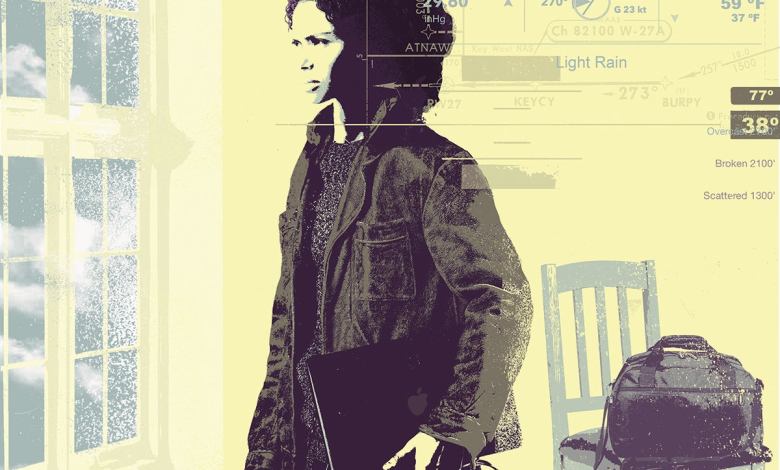 A young woman looks with concern out of a window. A flight bag sits on a nearby chair.