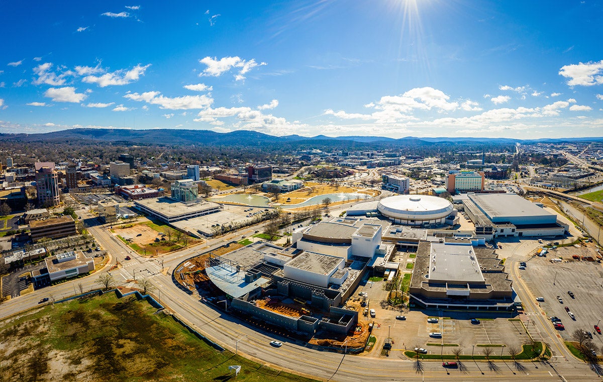 An aerial view of downtown Huntsville, Alabama, overlooking Big Spring Park