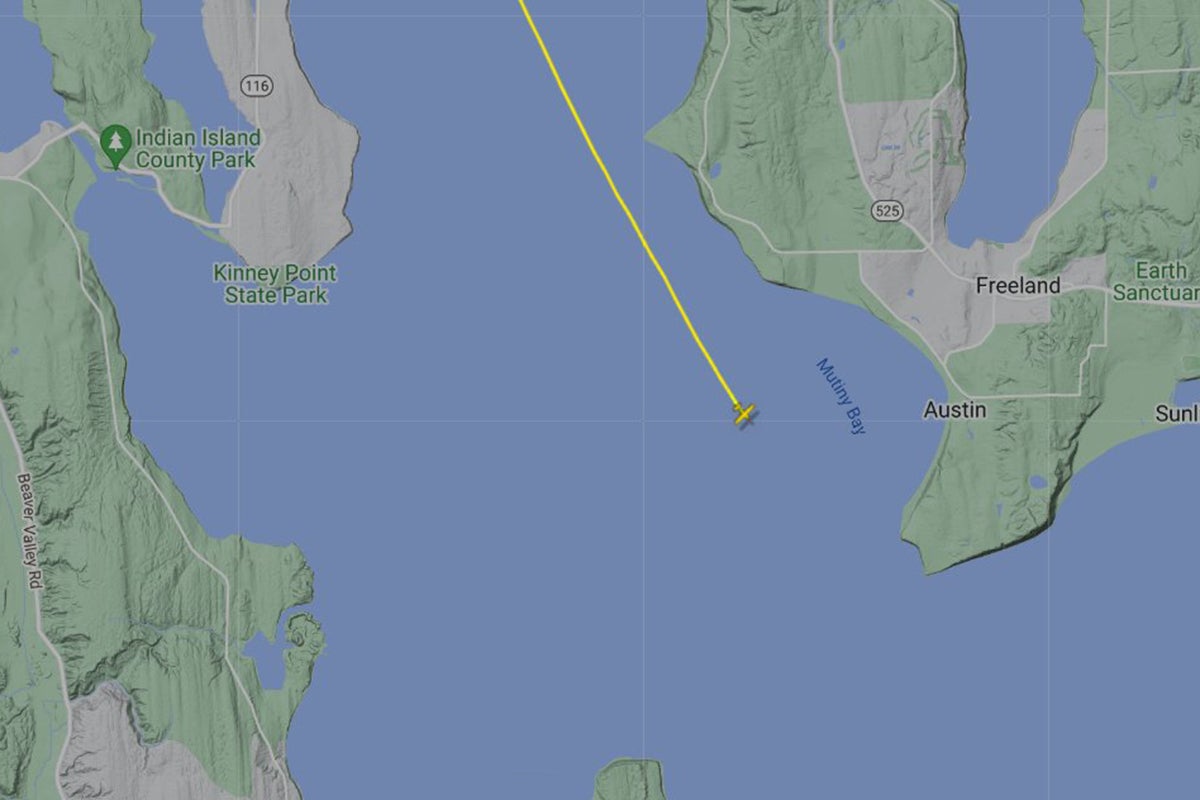 An image showing a small floatplane's flight path near Mutiny Bay, Washington