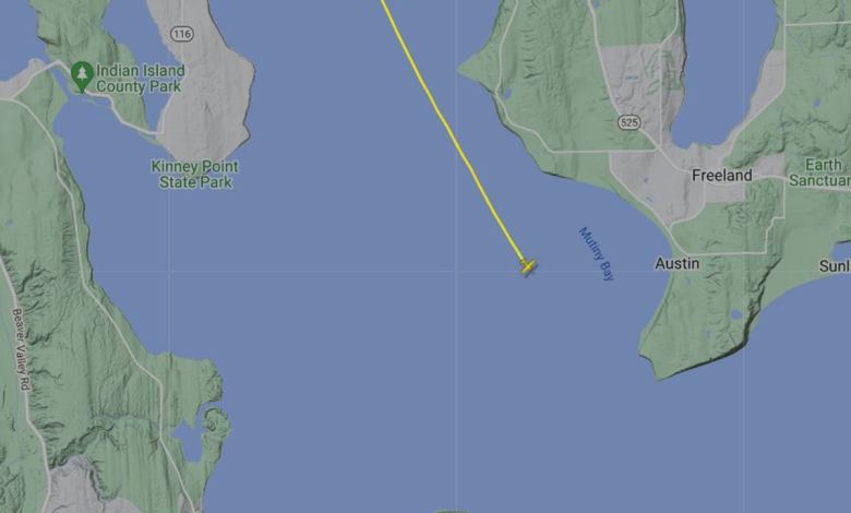 An image showing a small floatplane's flight path near Mutiny Bay, Washington
