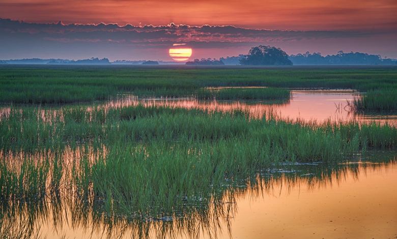 A view of the barrier islands estuary at sunrise
