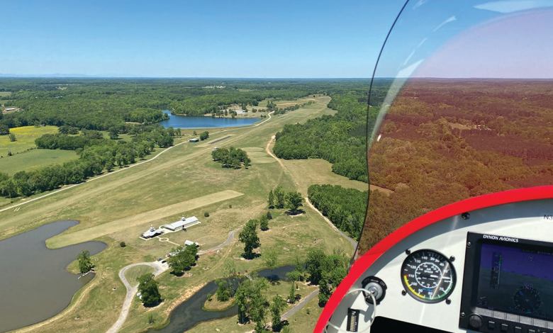 Aerial view of a grass landing strip at Triple Tree Aerodrome in South Carolina
