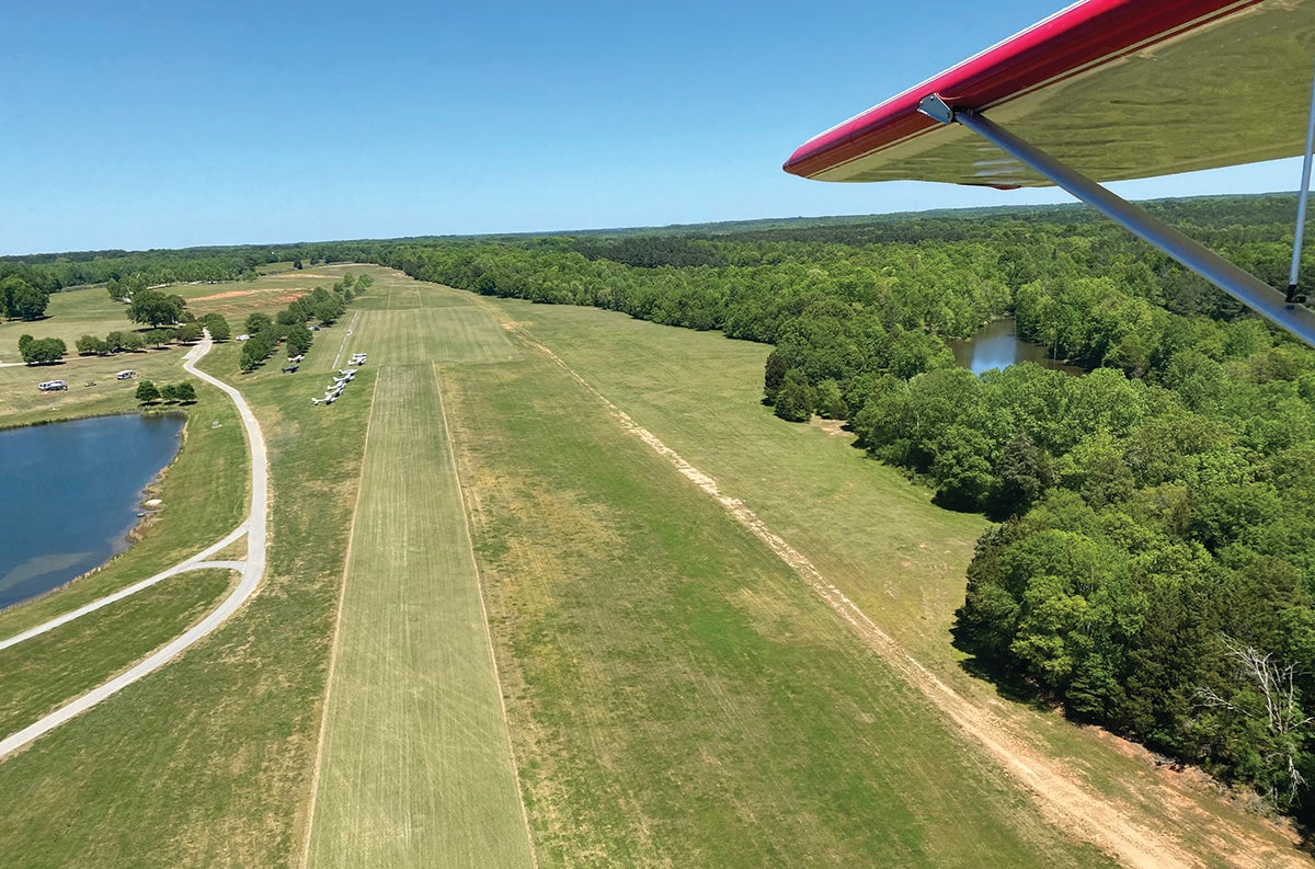An aerial view of a grass strip for general aircraft use in South Carolina.