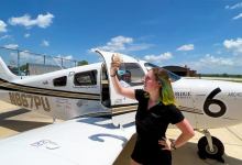 Alex Small, a senior at Purdue University, performs a preflight fuel check for the aircraft her team used for the 2022 Air Race Classic. [Credit: John O’Malley/Purdue University]