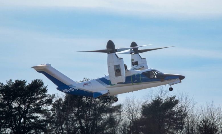 A Leonardo AW609 tiltrotor performs a test flight.