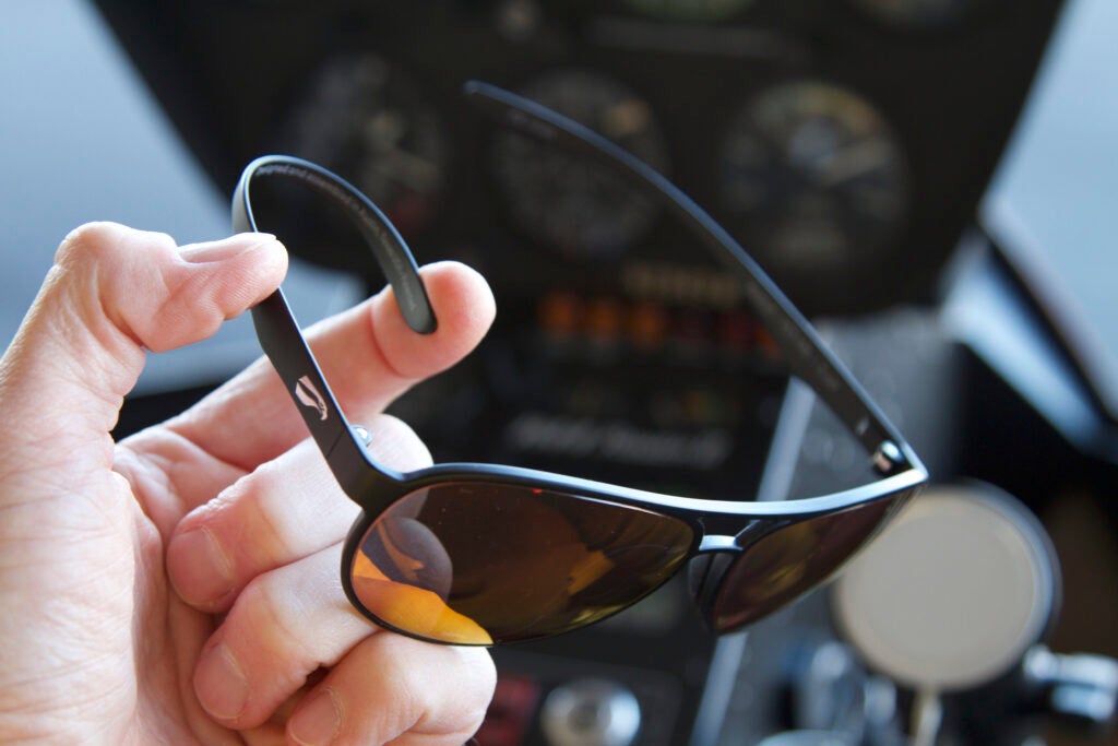 Pilot Eyewear and Sunglasses from Flying Eyes Optics: Thin, flexible temples eliminate pain, headaches, and noise leaks under ANR headsets.