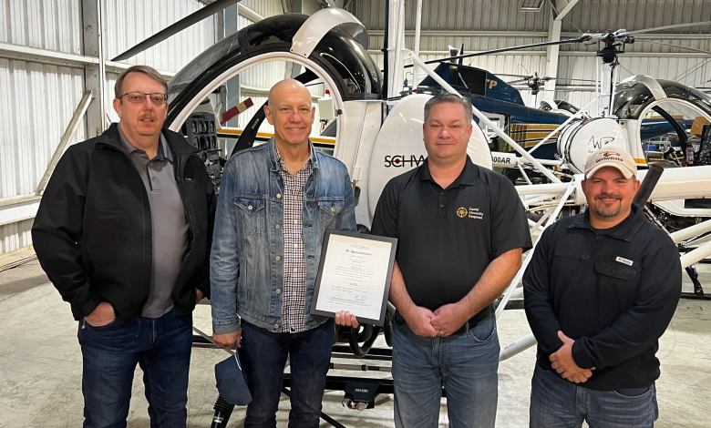 Schweizer MRO Manager Matt Craft, Schweizer President and CEO David Horton, Designated Airworthiness Representative C.J. Daniels, and Schweizer Accountable Manager Mick Birdsell. [Courtesy: Schweizer]