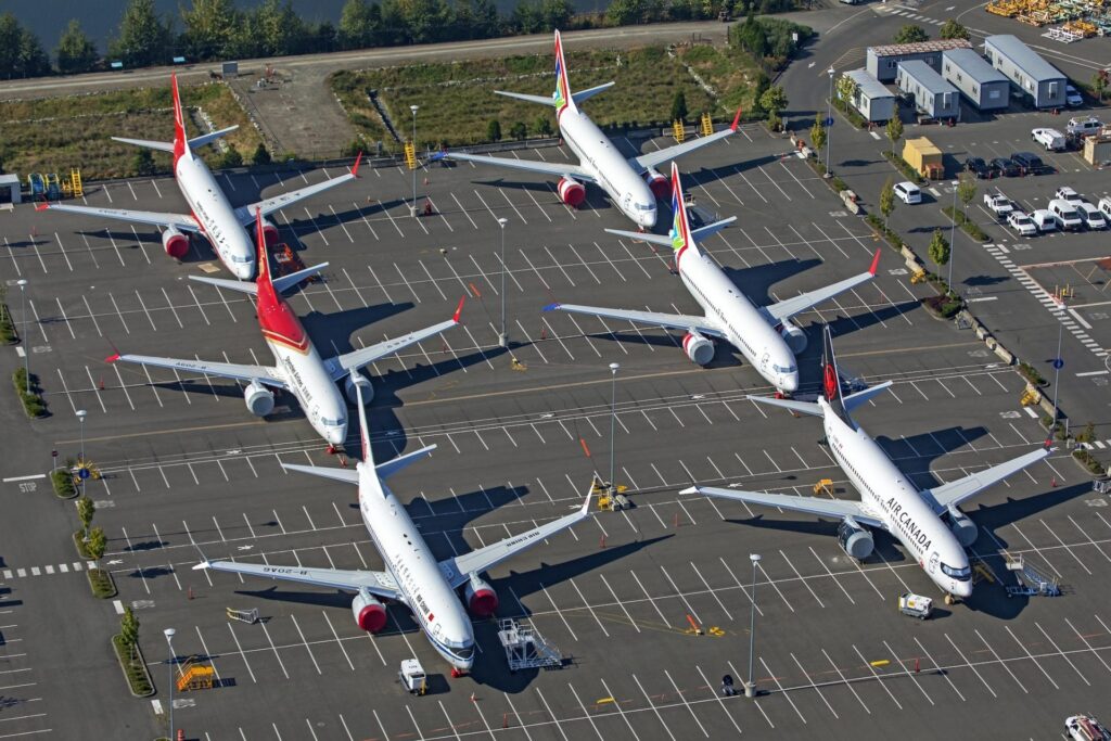Boeing 737 MAX aircraft in storage.