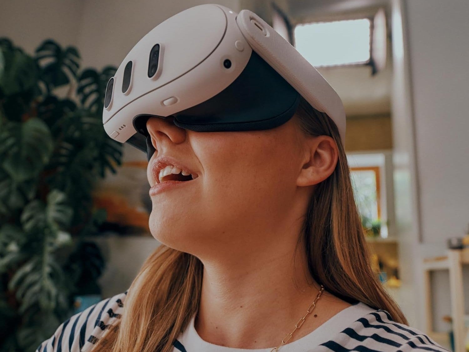Woman wearing flight simulator headset