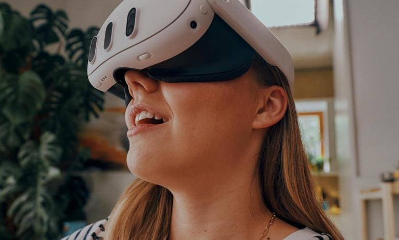 Woman wearing flight simulator headset