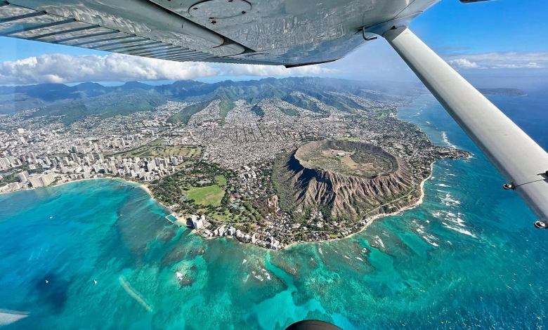 Flying over Diamond Head in Hawaii