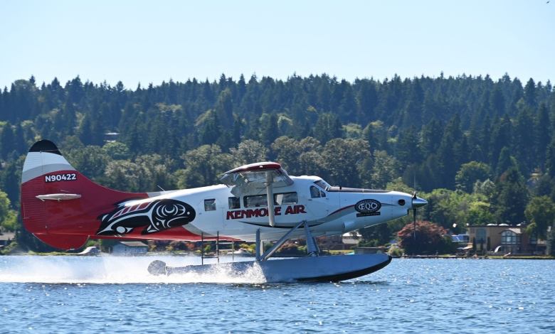 One of Kenmore Air’s seaplanes is wrapped in the Puyallup Tribe’s and Emerald Queen Casino’s colors and salmon. [Courtesy: Kenmore Air]