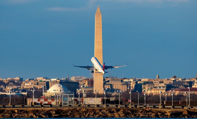 A Delta aircraft takes off from Ronald Reagan Washington National Airport.