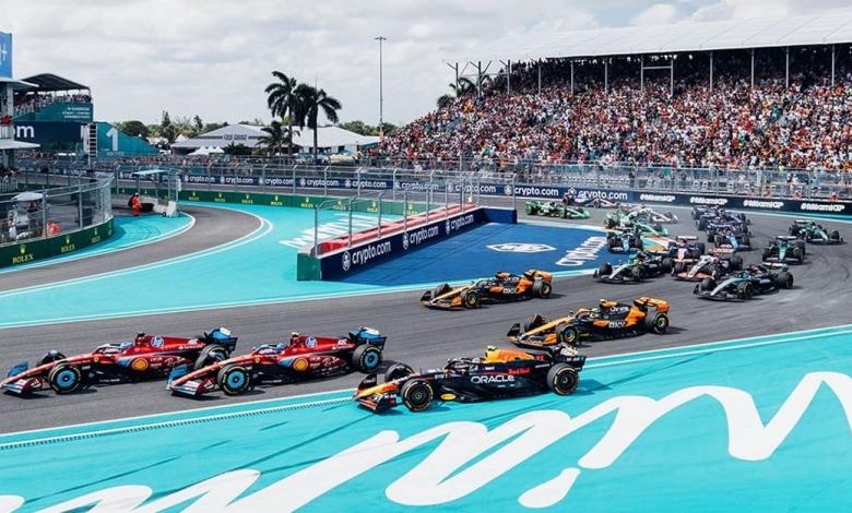 Cars racing in the Miami Grand Prix