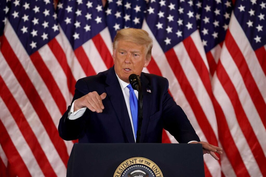 President Donald Trump speaks in the East Room of the White House.