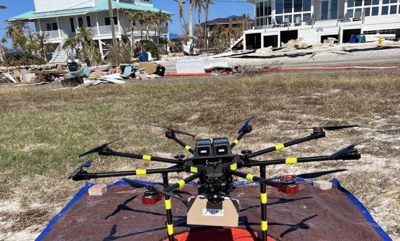 An A2Z delivery drone is pictured in front of some of the wreckage on Sanibel Island.