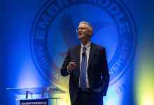 Embry-Riddle Aeronautical University president Barry Butler addresses staff and faculty at the state of the university address in the school's ICI Center, in Daytona Beach on August 22, 2025. [Courtesy: ERAU/David Massey]