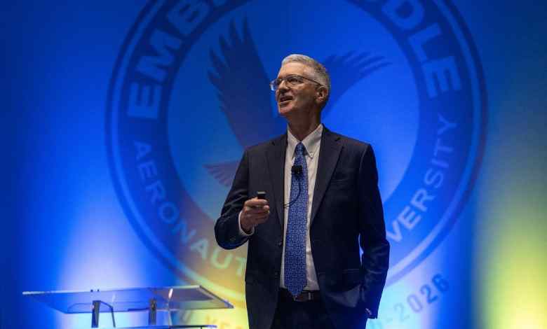 Embry-Riddle Aeronautical University president Barry Butler addresses staff and faculty at the state of the university address in the school's ICI Center, in Daytona Beach on August 22, 2025. [Courtesy: ERAU/David Massey]