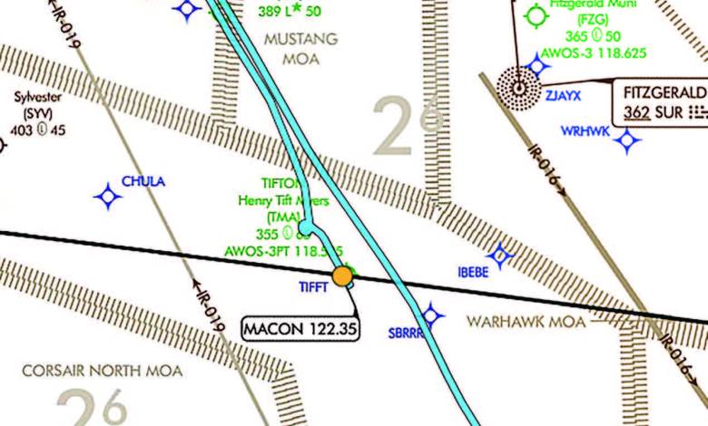This wasn’t a diversion. It’s just an old sight-seeing track the author flew a few years ago. But he uses it to illustrate an important point: The closest divert field with approaches, fuel, facilities and some level of civilization may be behind you. [Credit: Joseph Burnside]