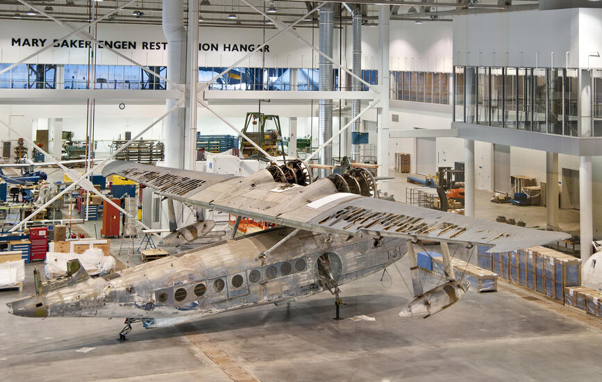 This image has an empty alt attribute; its file name is 4317h-1.jpg
Sikorsky JRS-1, shown during restoration in 2012, with floats on at the Udvar-Hazy Center [Credit: National Air and Space Museum]