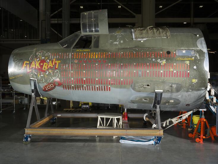 The Martin B-26 Marauder 'Flak-Bait' is undergoing a preservation project in the Mary Baker Engen Restoration Hangar. [Credit: National Air and Space Museum]
