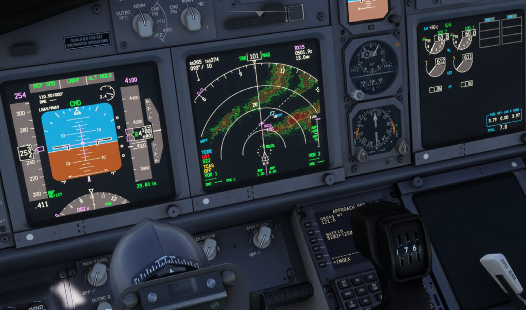 Left: The PMDG cockpit features high-resolution graphics and complete systems. Middle: The iFly 737-8 Max is a great new entry into the Boeing line. Right: The 737-8 Max flight deck features big panels and newer display technology.  [Credit: MSFS 2020]