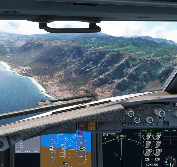 Left: The PMDG cockpit features high-resolution graphics and complete systems. Middle: The iFly 737-8 Max is a great new entry into the Boeing line. Right: The 737-8 Max flight deck features big panels and newer display technology.  [Credit: MSFS 2020]