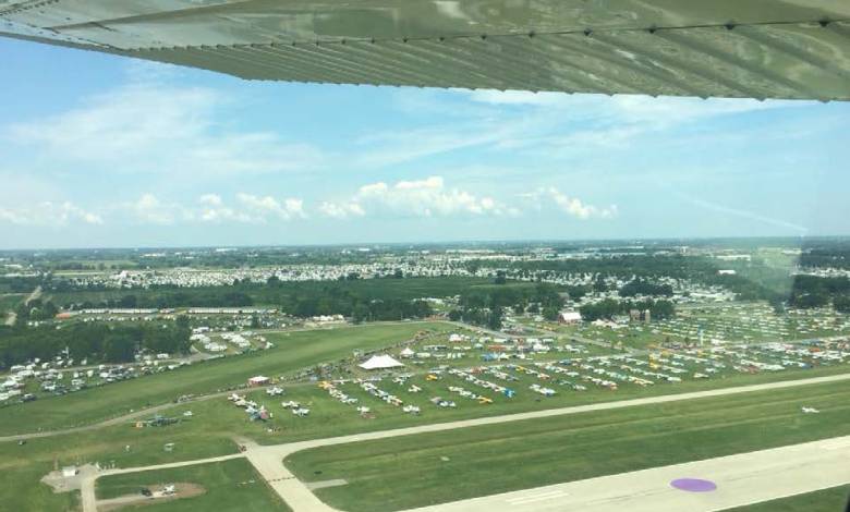 The author shares an aerial photo from arrival to a previous AirVenture at Oshkosh, Wisconsin. [Courtesy: Martha Lunken]