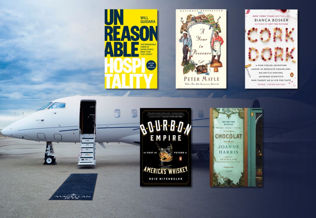 Collage of books to read during a flight.
