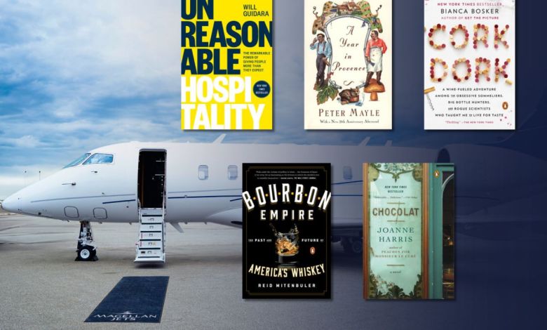 Collage of books to read during a flight.