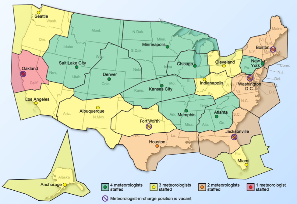 A map produced by the Government Accountability Office showing meteorologist staffing levels at FAA facilities.