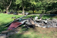 The Piper Cherokee that crashed September 28, 2022, in Pennsylvania was largely destroyed in a postcrash fire. [Credit: NTSB]