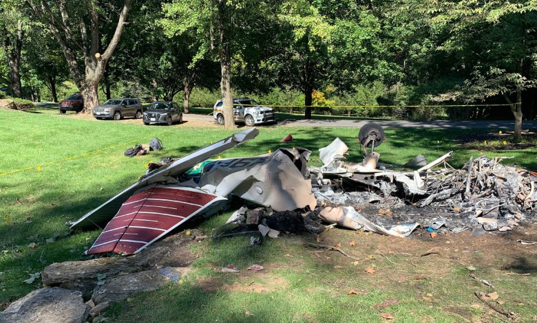 The Piper Cherokee that crashed September 28, 2022, in Pennsylvania was largely destroyed in a postcrash fire. [Credit: NTSB]