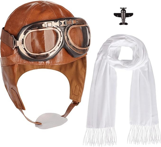 Aviator Hat With Goggles White Scarf and Brooch