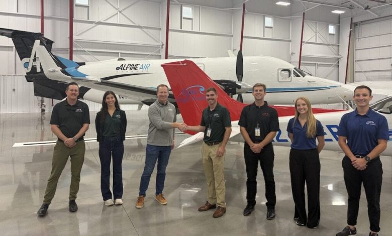 Ray Altmann (from left), Lexi Forester, Matt Klies, Brock Rees, Duke Shepherd, Ashlyn MacVeigh, and Tomas Ruales pose at Epic Flight Academy’s new Provo, Utah, facility.) [Courtesy: Epic Flight Academy]